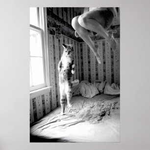 Woman and Cat Jumping on Bed, Vintage Black and Poster