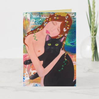 Woman and Cat Klimt Style Greeting Card