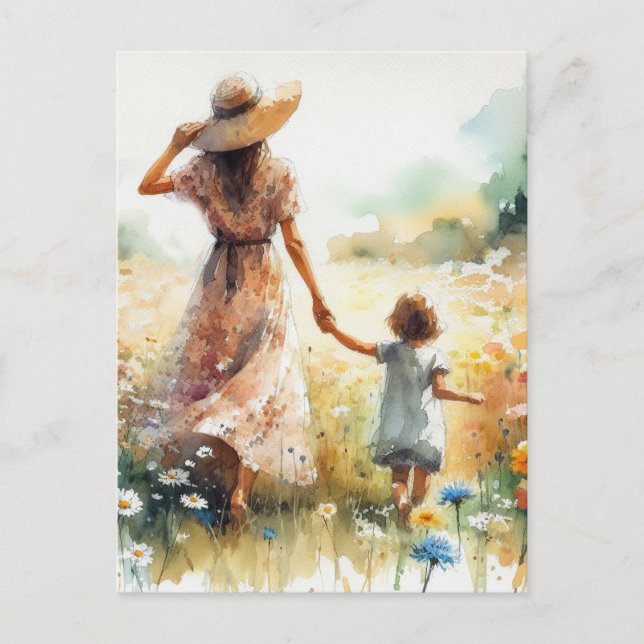 Woman and Child in Field of Flowers Mother's Day Postcard (Front)