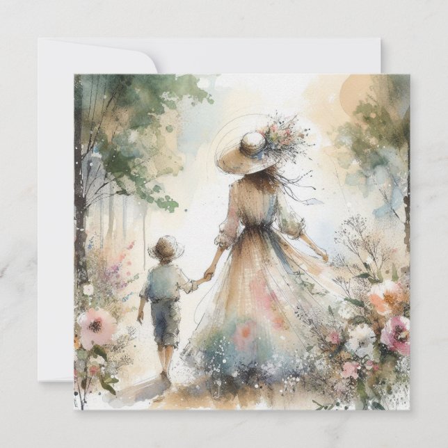Woman and Child in Flower Garden Mother's Day Card (Front)