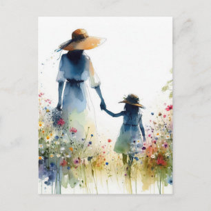 Woman and Child with Flowers Floral Mother's Day Postcard