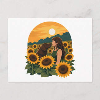Woman and Chocolate Labrador in a Golden Sunflower Postcard