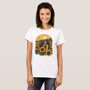 Woman and Chocolate Labrador in a Golden Sunflower T-Shirt