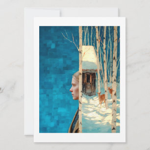 Woman and deer in snowy birch forest by cabin holiday card