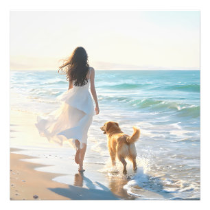 Woman and Dog Walking on the Beach at Sunset Photo Print