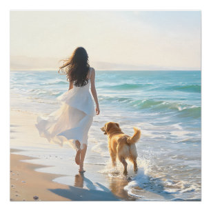 Woman and Dog Walking on the Beach at Sunset Poster