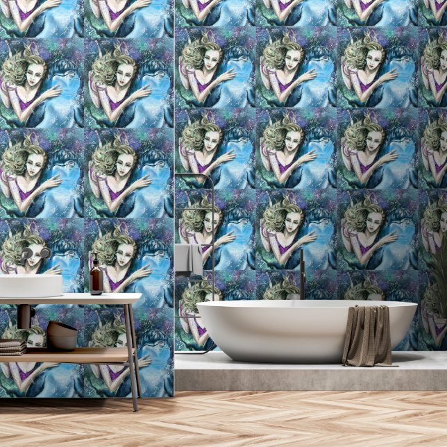 Woman and Dolphin Wallpaper (Bathroom)