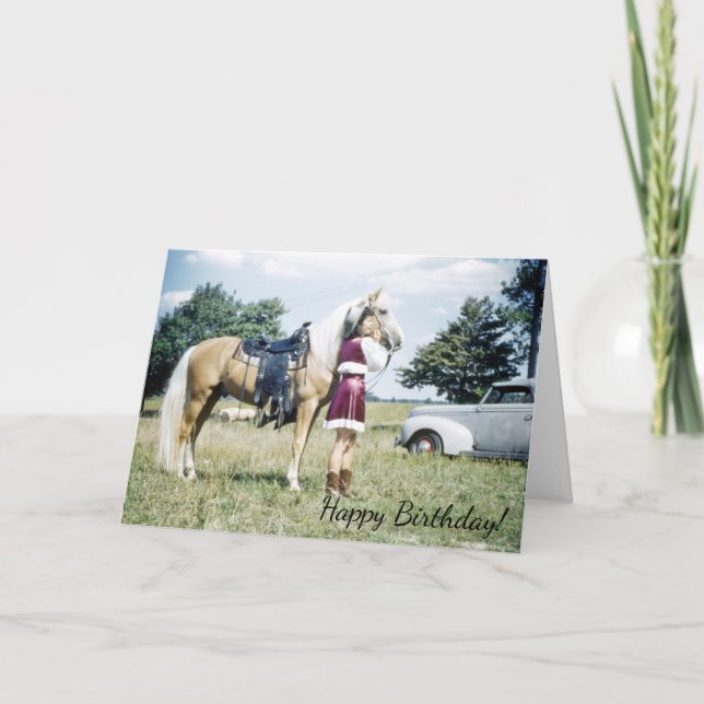 Woman and Horse, Retro Fifties Pony Birthday Wish Card (Front)