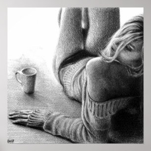 Woman and morning coffee Graphite Poster print