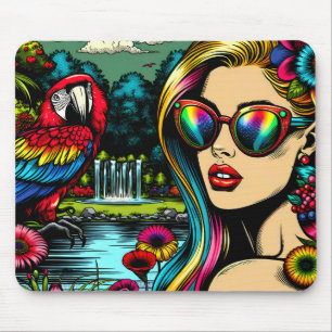 Woman and Parrot in the Park Pop Art Mouse Pad