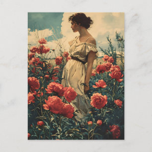 Woman and Peonies Vintage Postcard
