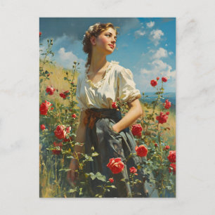 Woman and roses Vintage Postcard