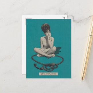 Woman and telephone retro its complicated collage postcard