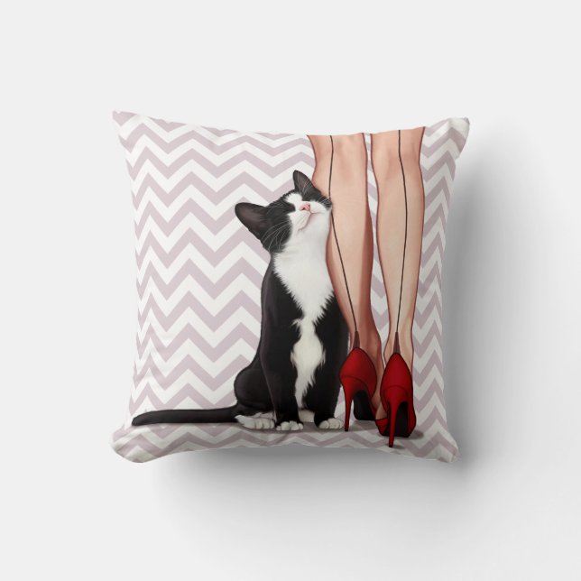 Woman and Tuxedo Cat Cushion (Front)