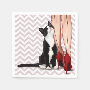 Woman and Tuxedo Cat Napkin