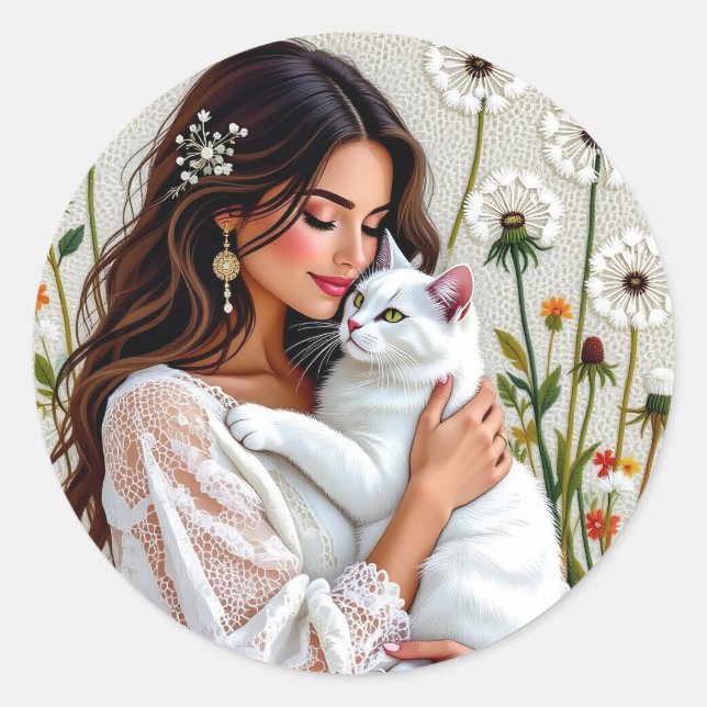Woman and White Cat and Dandelions  Classic Round Sticker (Front)