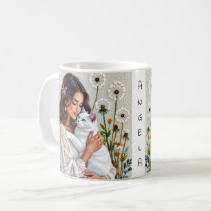 Woman and White Cat and Dandelions  Coffee Mug
