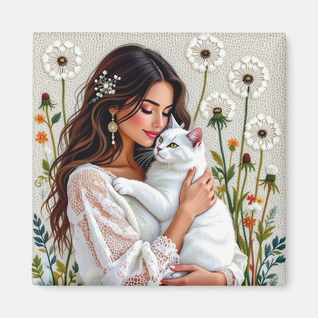 Woman and White Cat and Dandelions  Magnet (Front)