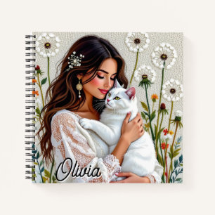 Woman and White Cat and Dandelions Notebook
