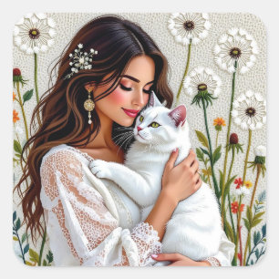 Woman and White Cat and Dandelions  Square Sticker