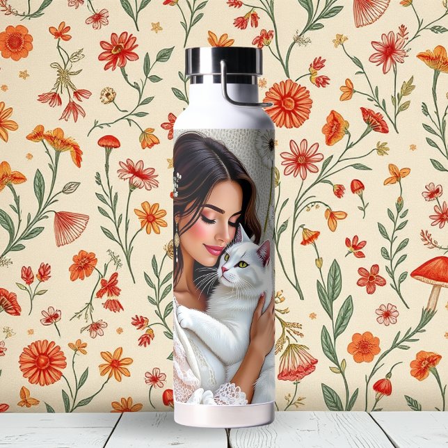 Woman and White Cat and Dandelions  Water Bottle (Creator Uploaded)
