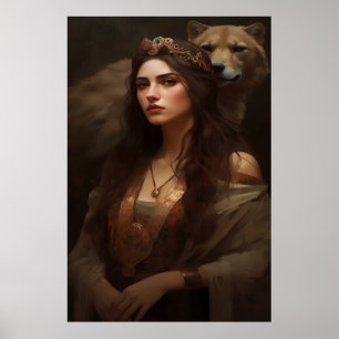Woman and Wolf Poster Art Print Wall Art