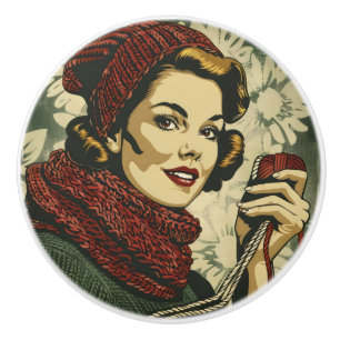 Woman and Yarn Vintage Ceramic Knob