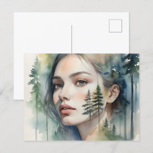 Woman art double exposure postcard