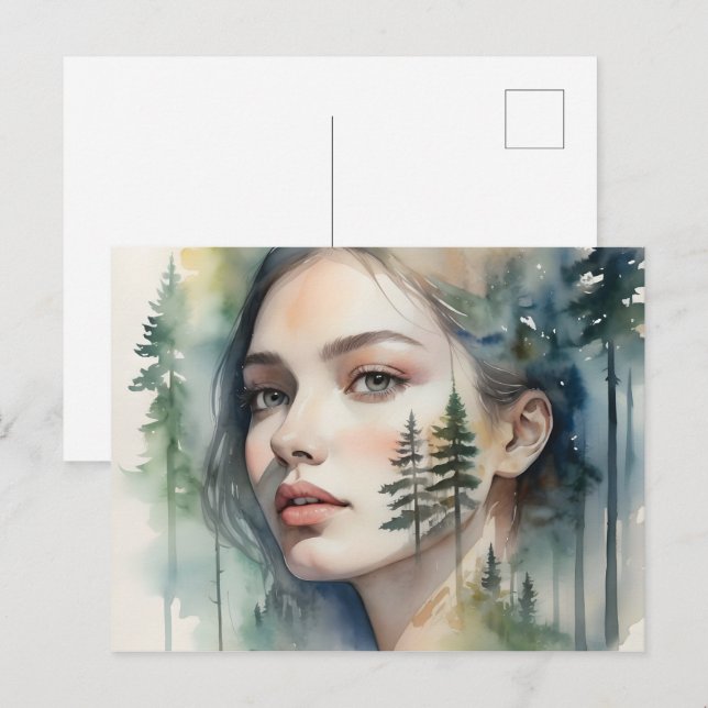 Woman art double exposure postcard (Front/Back)