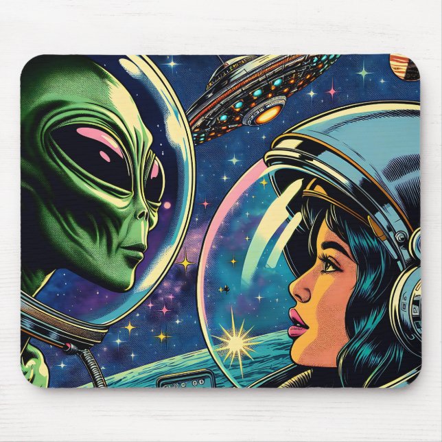 Woman Astronaut Meets Extraterrestrial Alien Mouse Pad (Front)