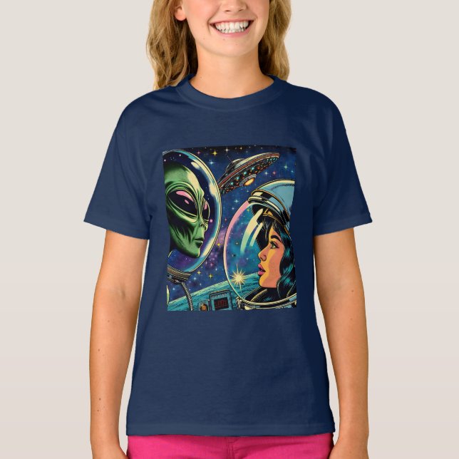 Woman Astronaut Meets Extraterrestrial Alien T-Shirt (Front)