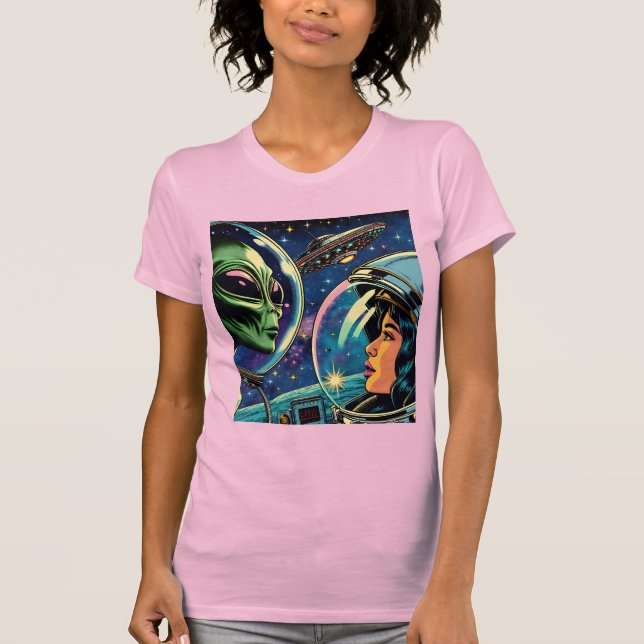 Woman Astronaut Meets Extraterrestrial Alien T-Shirt (Front)