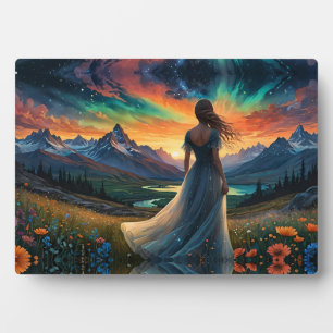 Woman at Sunrise Floral field over Mountain Lake  Plaque