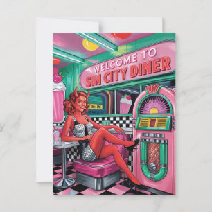 Woman at the Sin City Retro Diner Comic Book Style Postcard