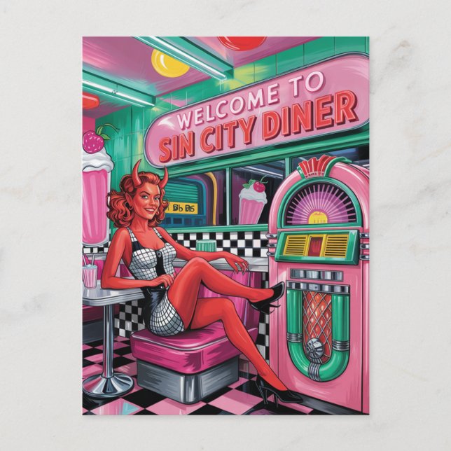Woman at the Sin City Retro Diner Comic Book Style Postcard (Front)