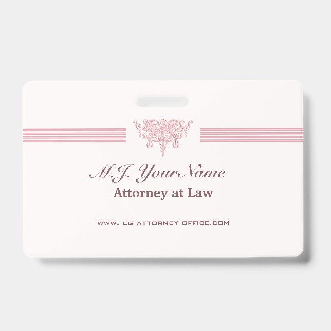 Woman Attorney luxury stripes, pink Justice logo ID Badge (Front)