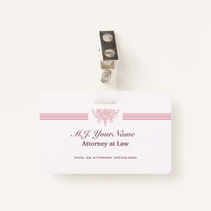 Woman Attorney luxury stripes, pink Justice logo ID Badge