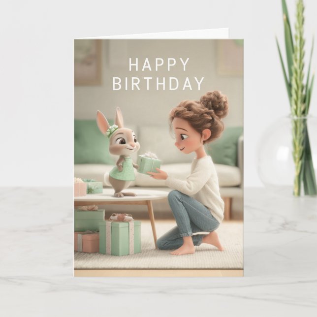 Woman & Baby Bunny in Mint Green Dress Birthday Card (Front)