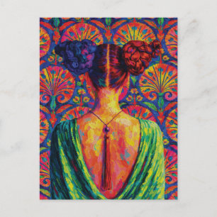 Woman Back View Colorful Buns Floral Pattern  Postcard