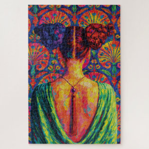 Woman Back View Colourful Buns Floral Pattern  Jigsaw Puzzle
