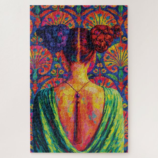Woman Back View Colourful Buns Floral Pattern  Jigsaw Puzzle (Vertical)