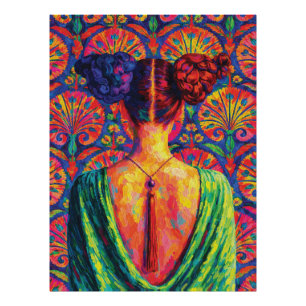 Woman Back View Colourful Buns Floral Pattern Photo Print