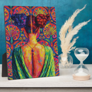 Woman Back View Colourful Buns Floral Pattern Plaque