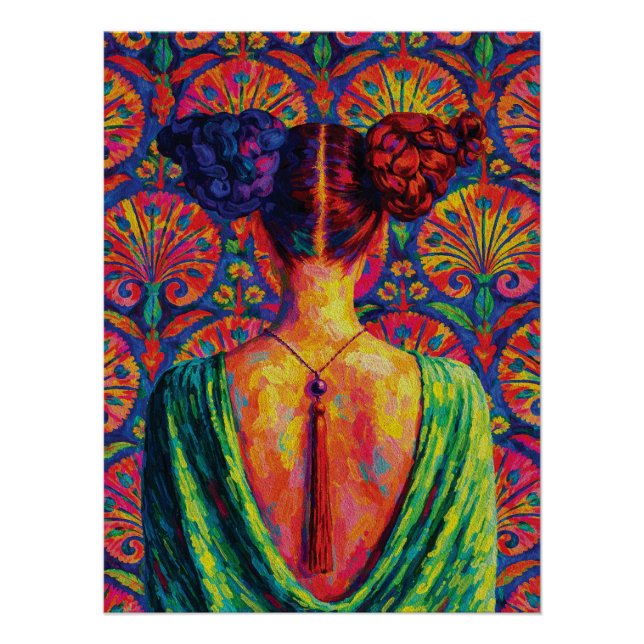 Woman Back View Colourful Buns Floral Pattern  Poster (Front)