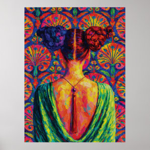 Woman Back View Colourful Buns Floral Pattern Poster