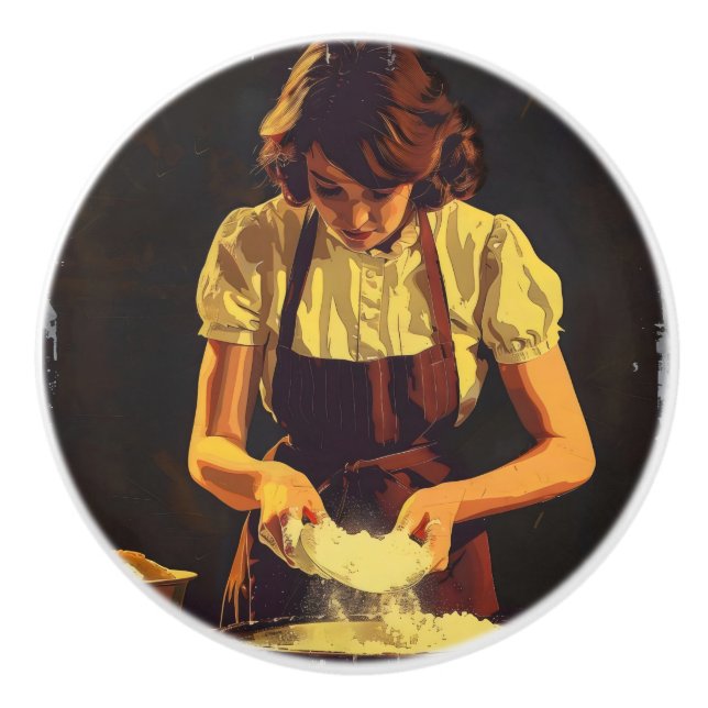 Woman Bake Vintage Ceramic Knob (Front)