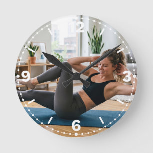 Woman Bicycle Crunches Home Fitness Decor Round Clock