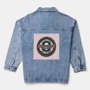 Woman Biker Embroidered Circular Patch Denim Jacket