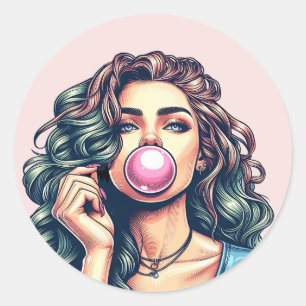 Woman Blowing Bubble gum bubble art Classic Round Sticker