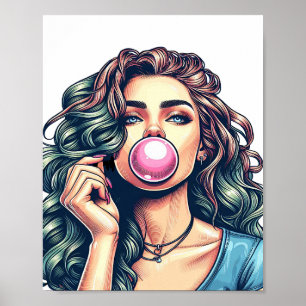 Woman Blowing Bubble gum bubble art Poster